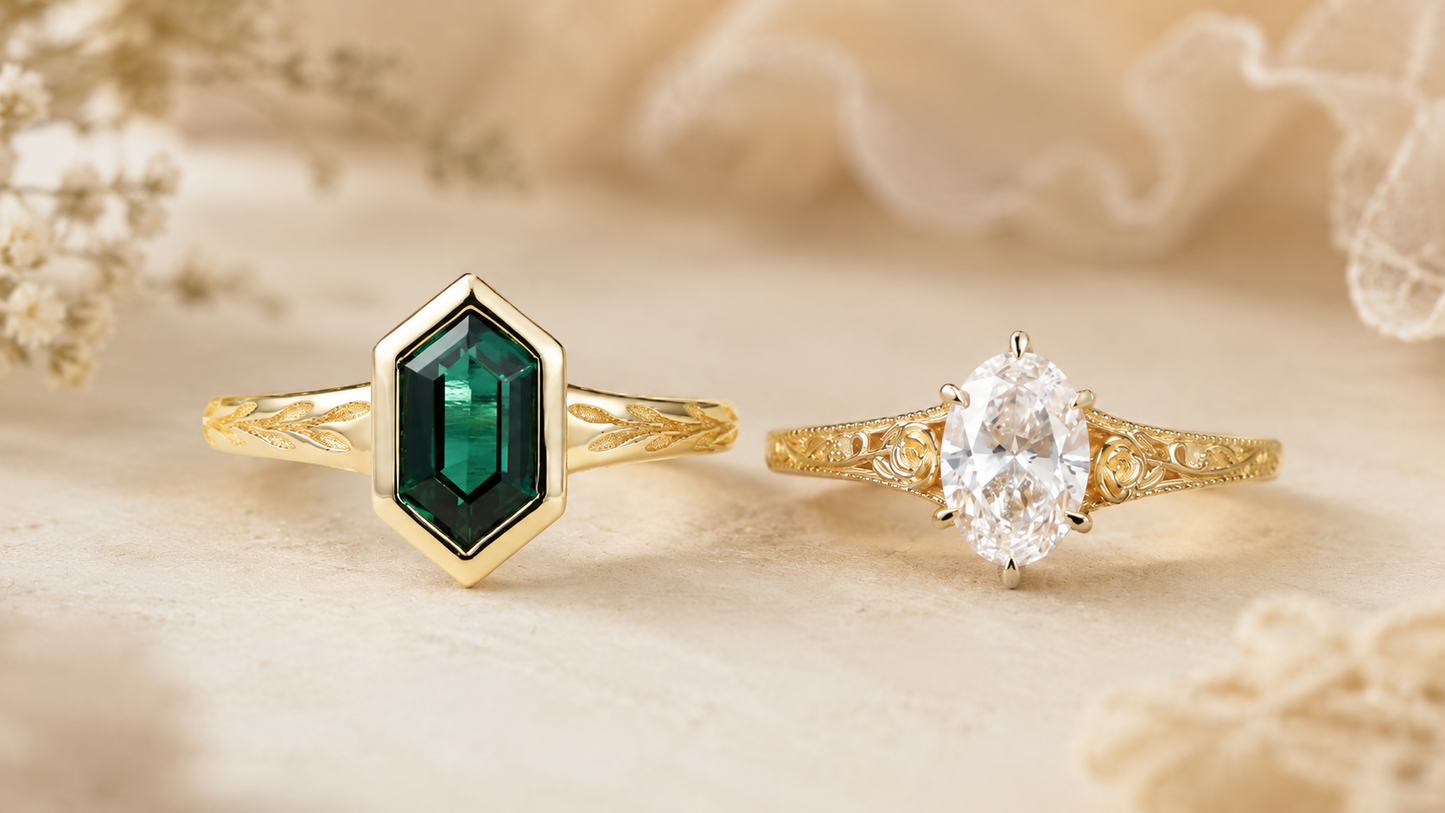 Bezel vs prong setting comparison featuring a green hexagon gemstone ring and an oval gemstone engagement ring