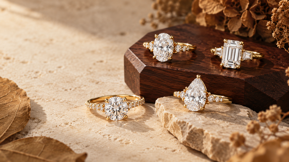 Four gold moissanite rings with round, oval, emerald-cut, and pear-shaped stones on a warm stone and wood background.