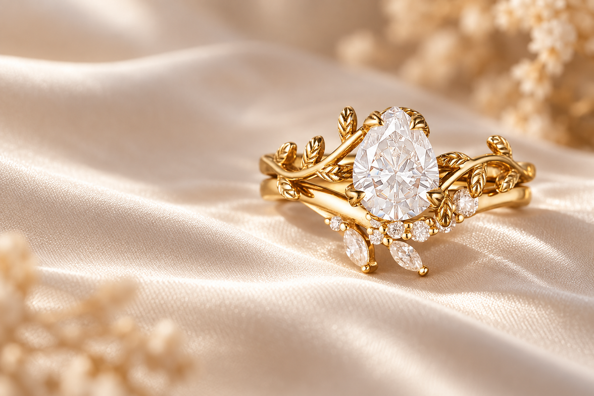 GemsMagic pear-shaped moissanite engagement ring with a matching gold leaf wedding band on ivory silk