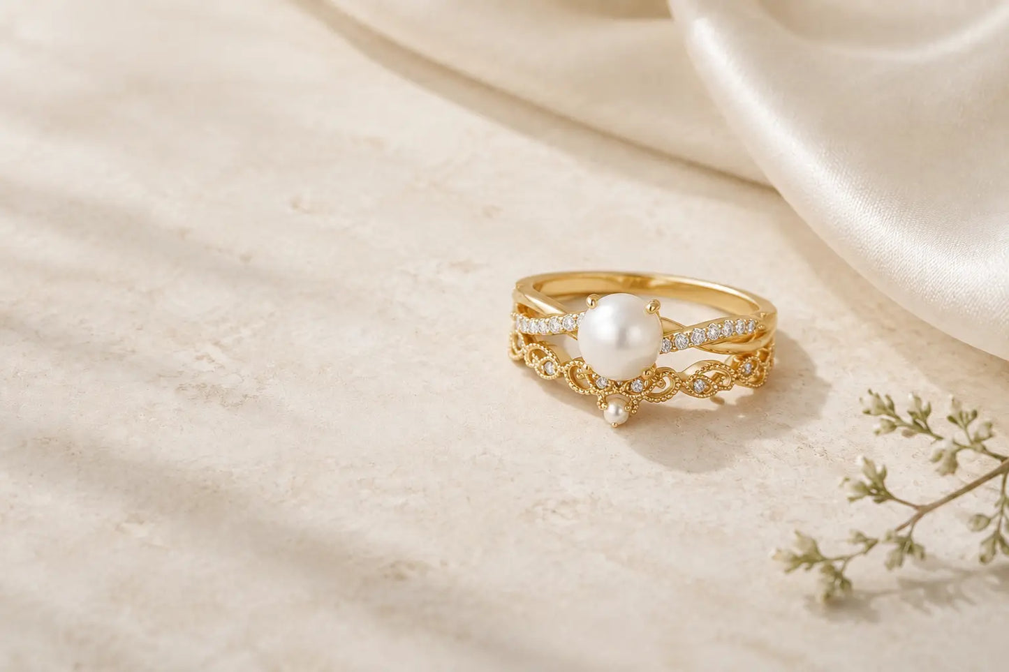 Gold pearl engagement ring set with an ornate matching wedding band