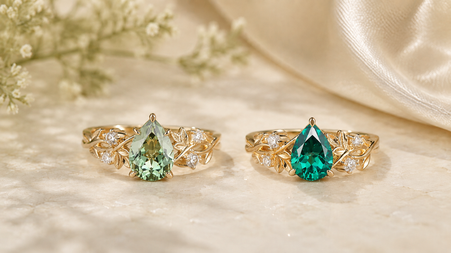 Green sapphire and emerald pear engagement rings with gold leaf settings side by side