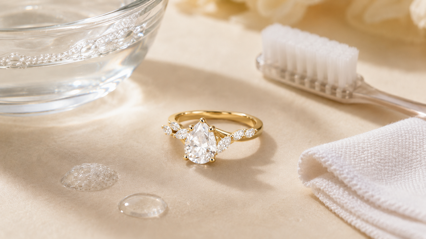 How to clean a moissanite ring at home with warm water, mild soap and a soft brush