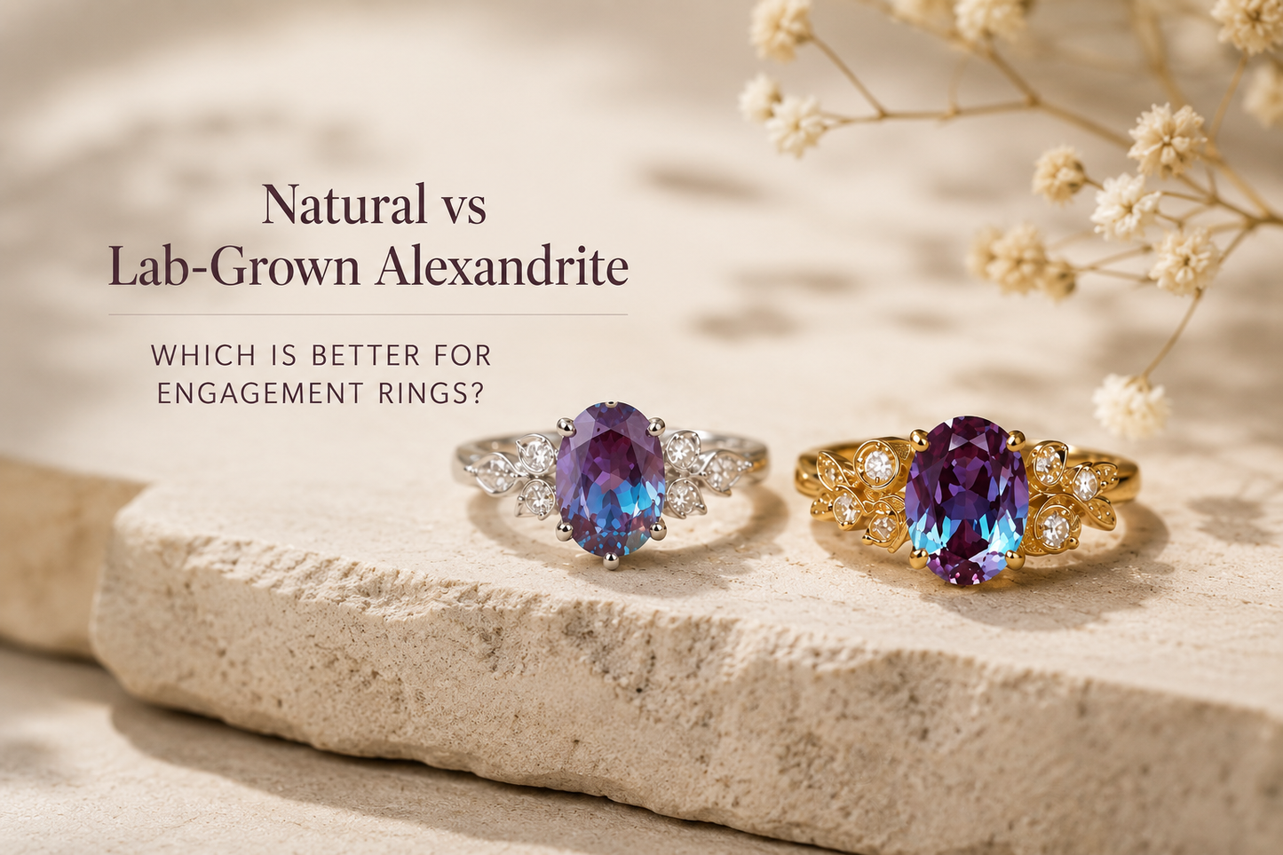Natural vs lab-grown alexandrite engagement rings in silver and gold settings