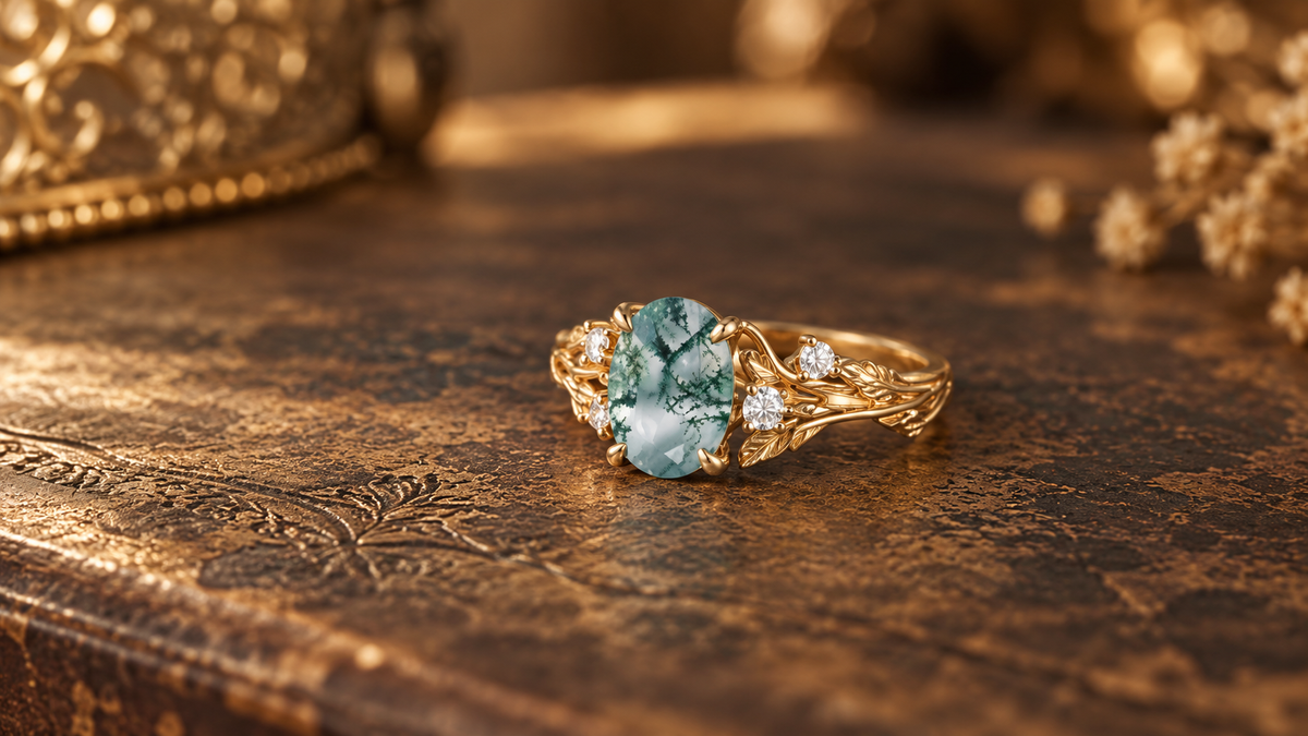 Oval moss agate ring with a gold leaf band on a warm brown textured surface