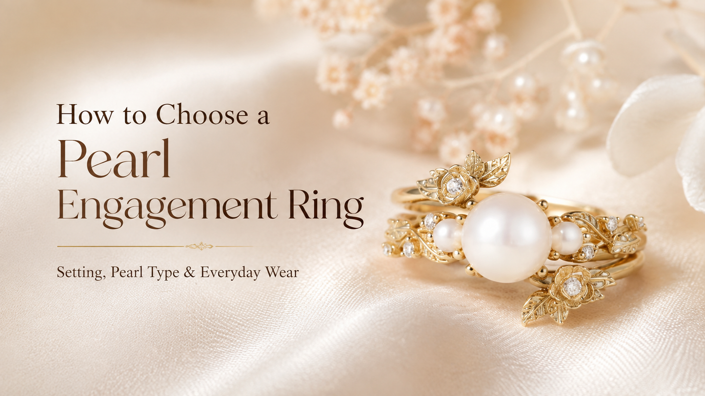 Pearl engagement ring with floral gold setting and matching band