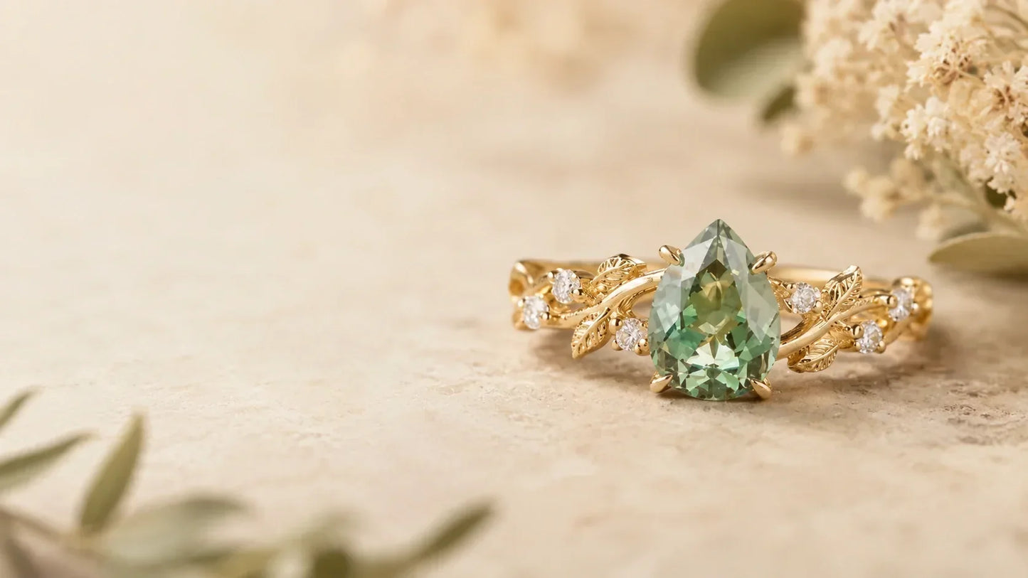 Green sapphire engagement ring with nature-inspired gold leaf setting
