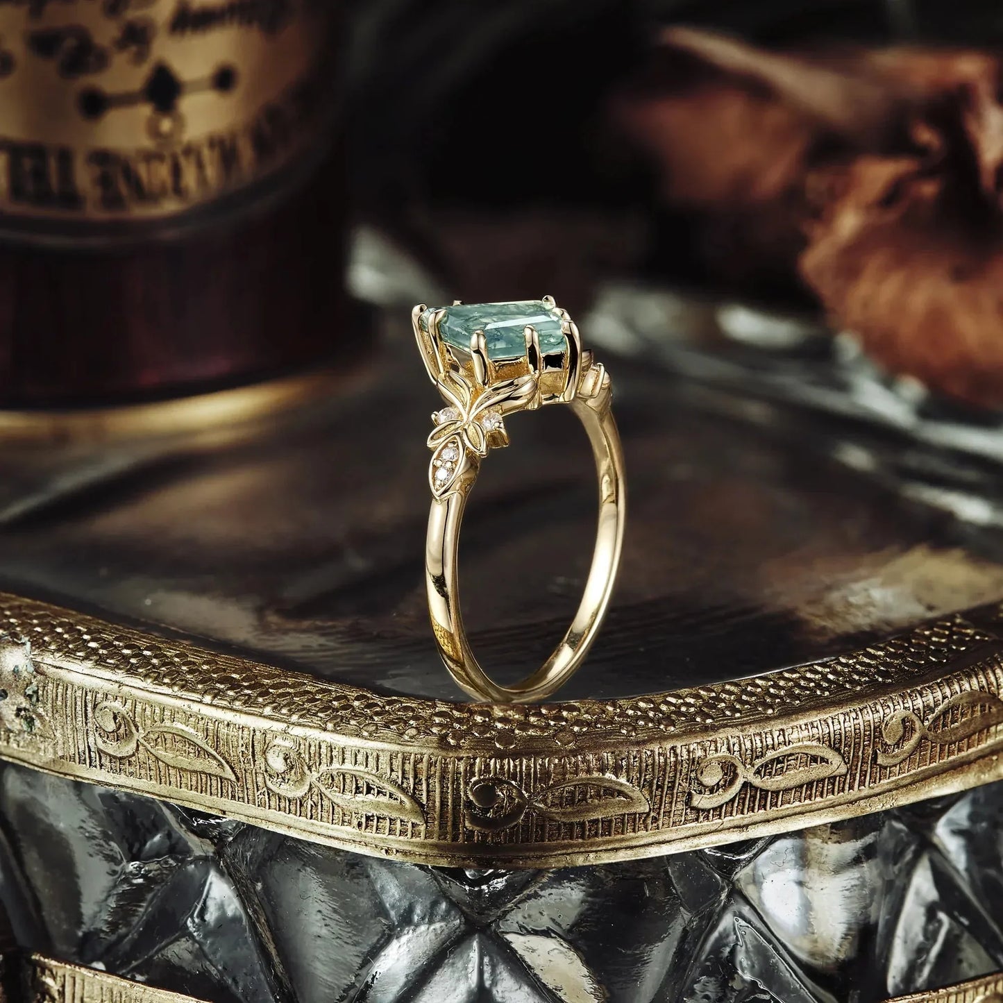 Kite Cut Moss Agate Engagement Ring - Evelyn