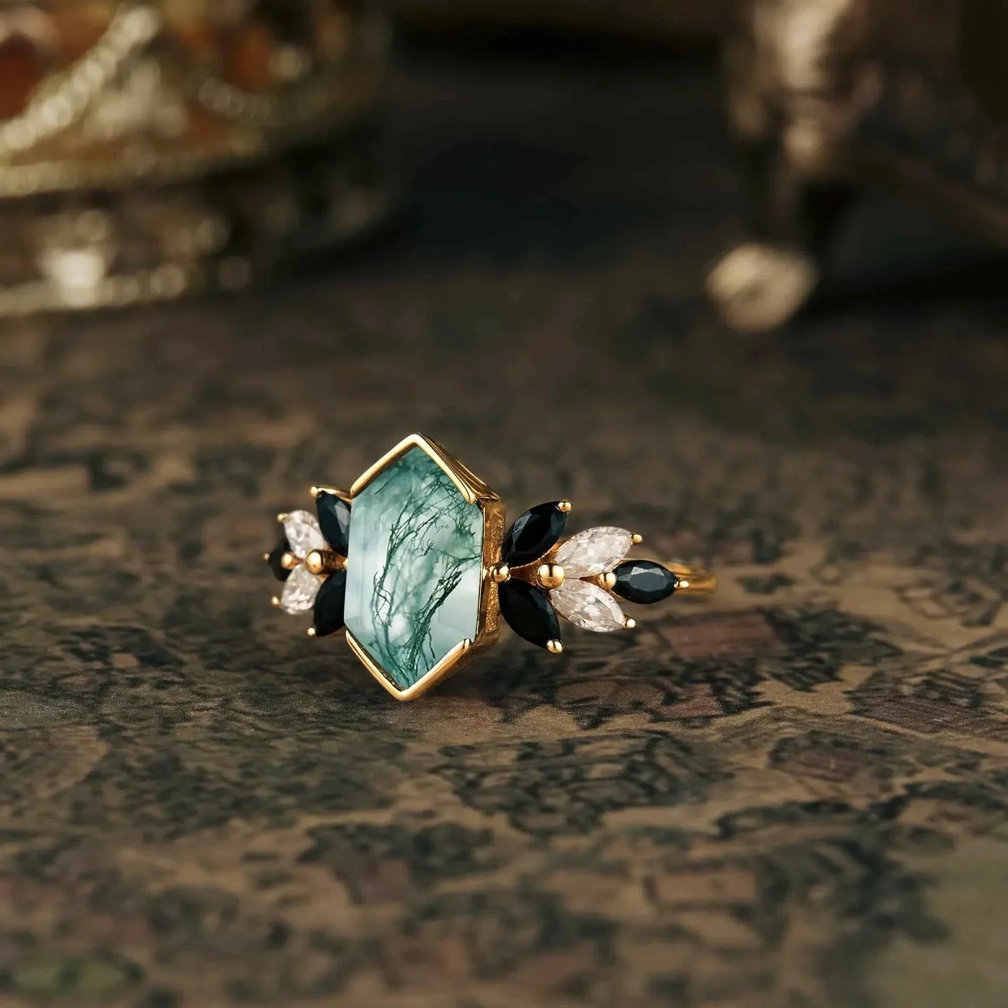 Unique Long Hexagon Moss Agate Engagement Ring