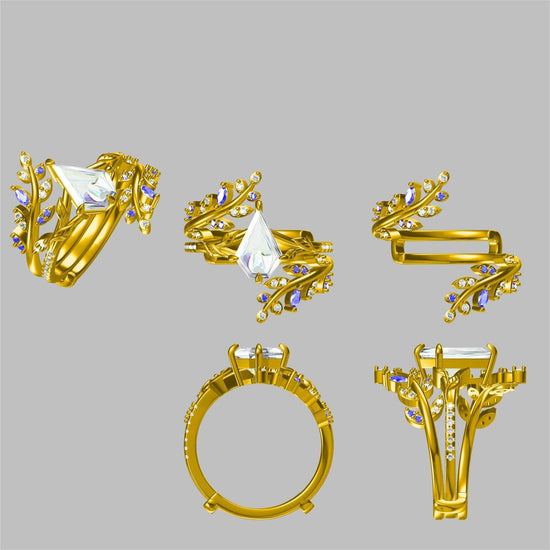 GemsMagic Kite Moissanite Half Eternity Ruby Leaf Engagement Ring Set 2pcs