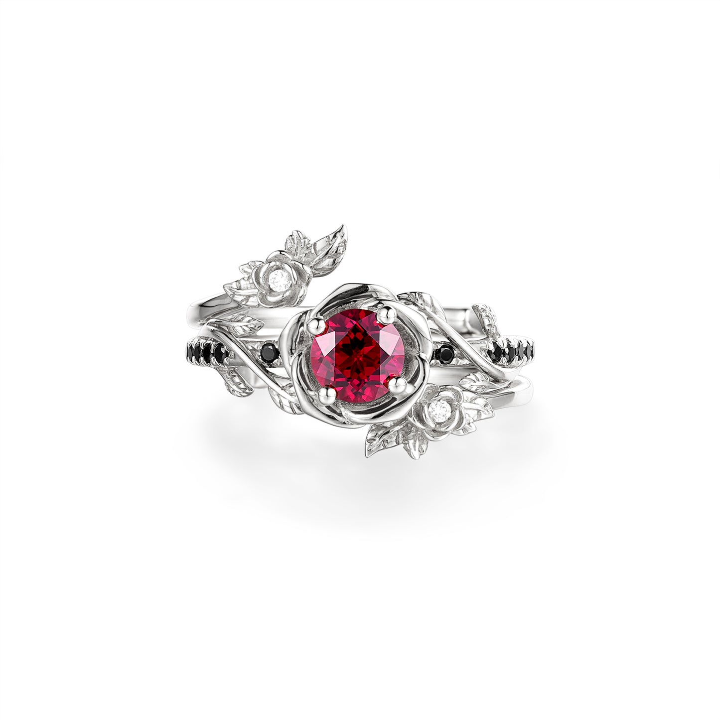 Rose Blossom ruby ring with floral design and moissanite accents