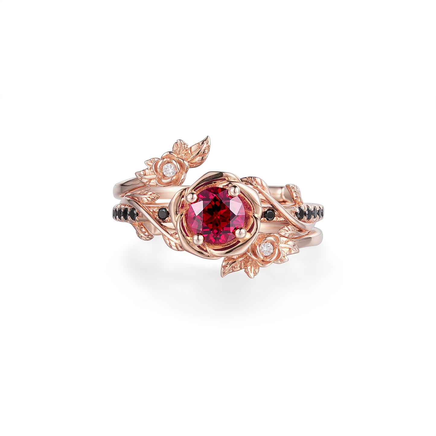 Rose Blossom ruby ring with floral design and round lab-grown ruby centerpiece.