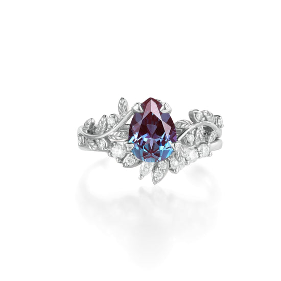 Dancing Leaf alexandrite engagement ring set with moissanite in white gold