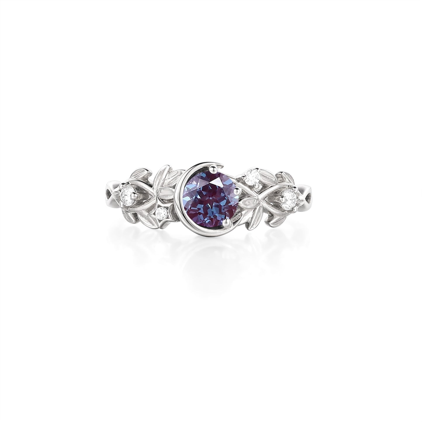 Celestial Blossom alexandrite ring with crescent moon and moissanite accents