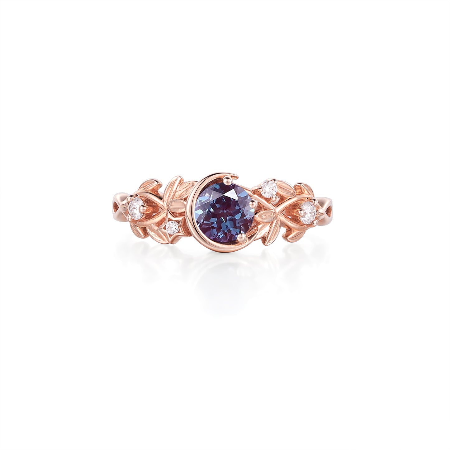 Rose gold Celestial Blossom ring featuring round alexandrite and crescent moon design