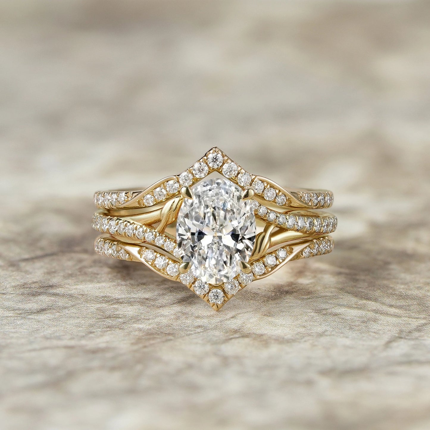 2pcs Oval - cut Lab Grown Diamond Gold Ring set - Tindra | GemsMagic - GemsMagic