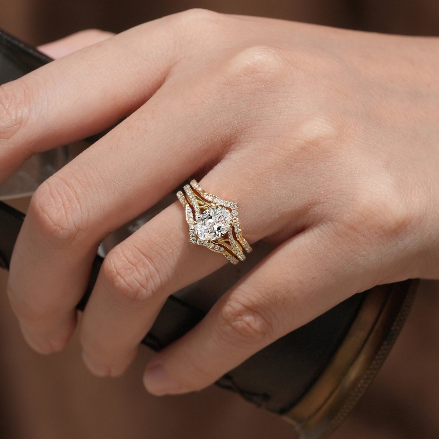 2pcs Oval - cut Lab Grown Diamond Gold Ring set - Tindra | GemsMagic - GemsMagic