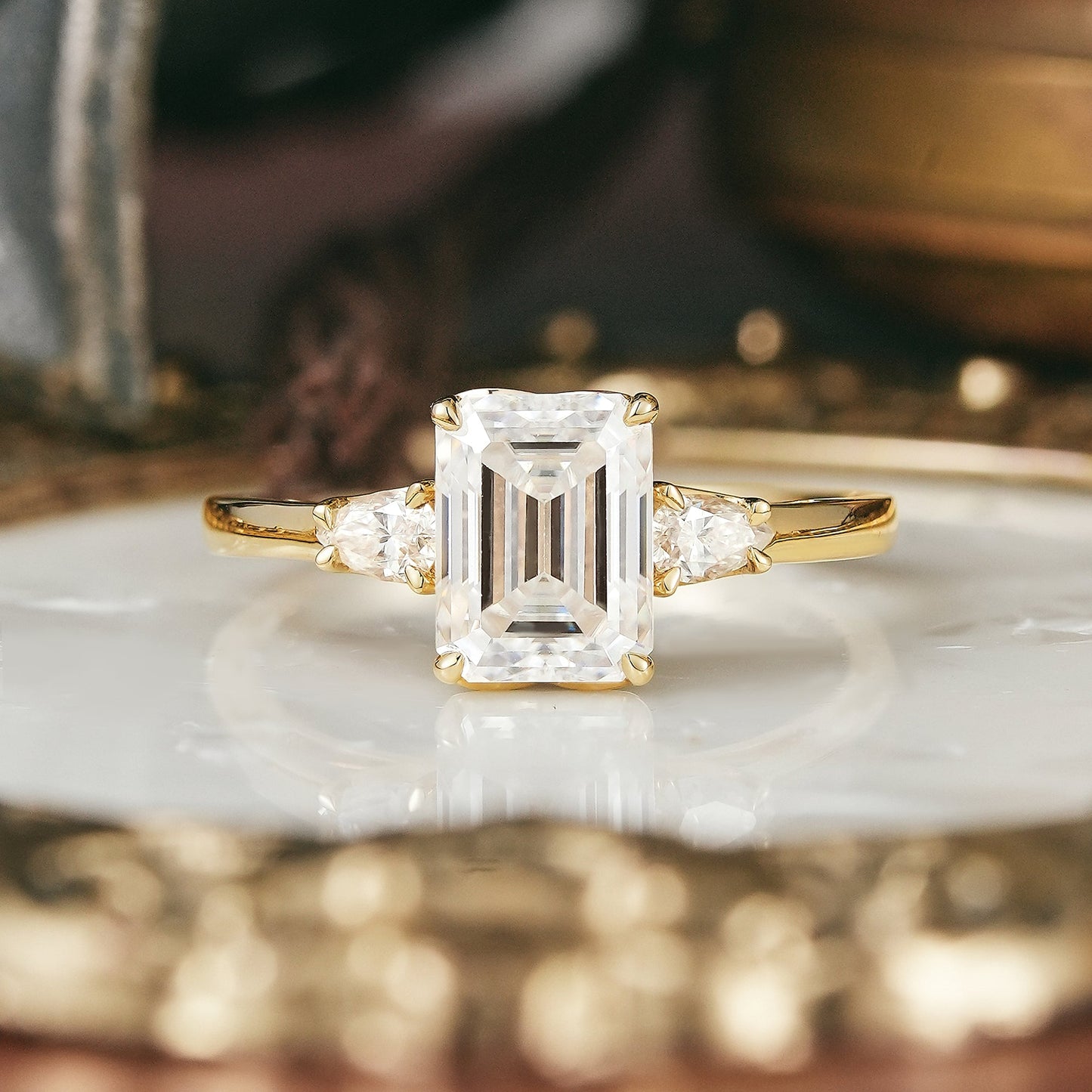 3 - stone Moissanite Engagement Ring - Saskia - GemsMagic