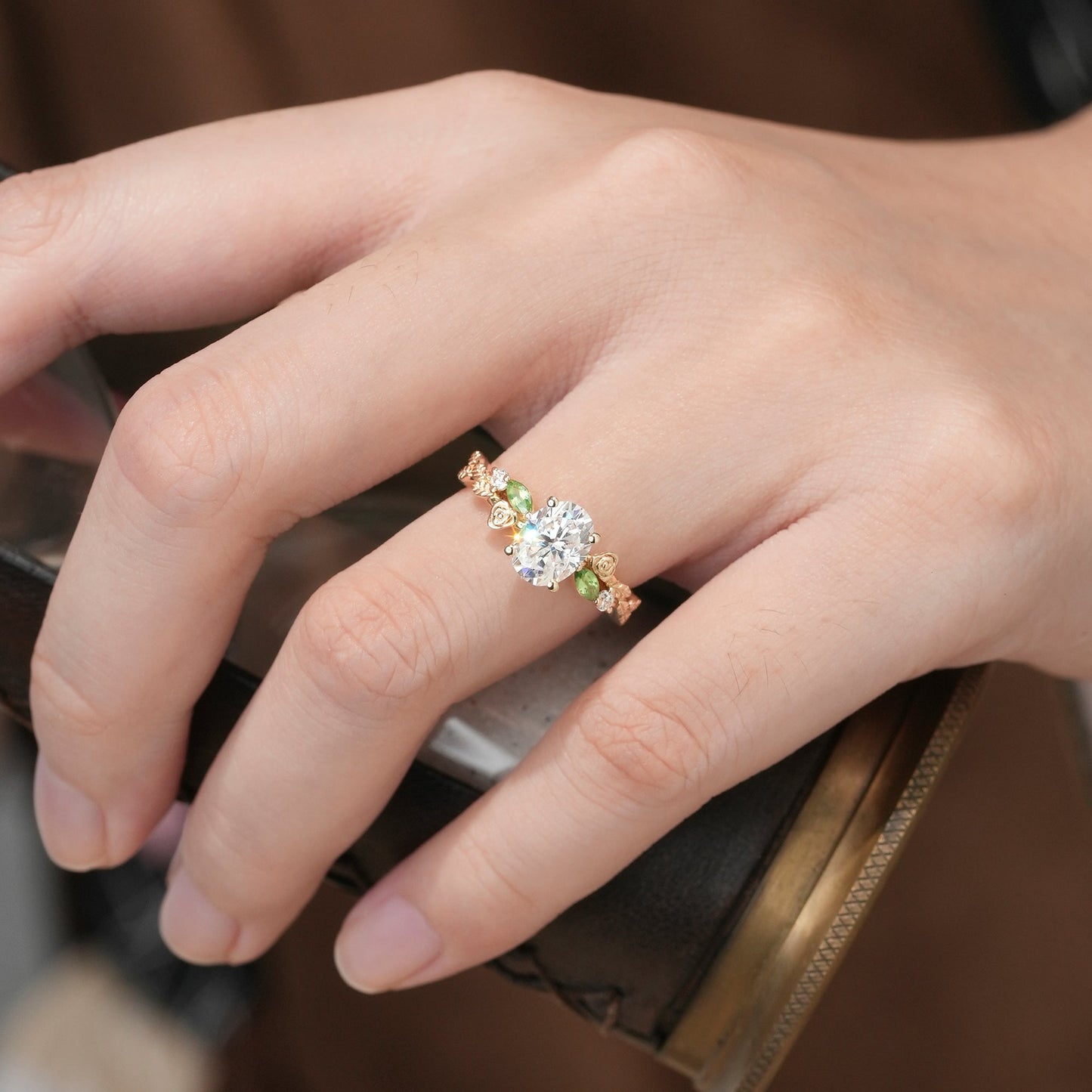 3 - stone Moissanite & Peridot Rose Engagement Ring - Althea - GemsMagic