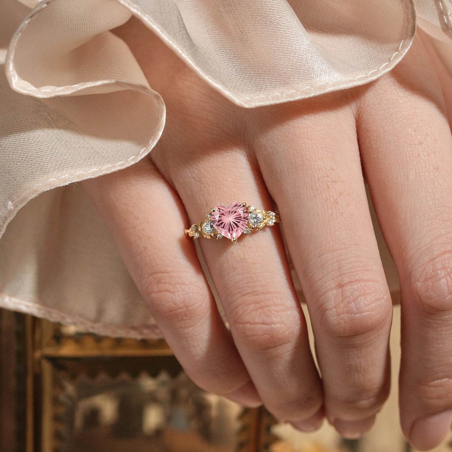 3 - Stone Sparkle Cut Padparadscha Engagement Ring - Harper - GemsMagic