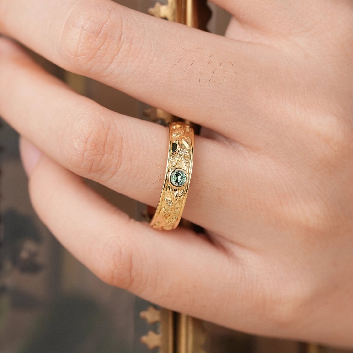 3mm Round Green Sapphire Leafy Men's Ring - Liam - GemsMagic