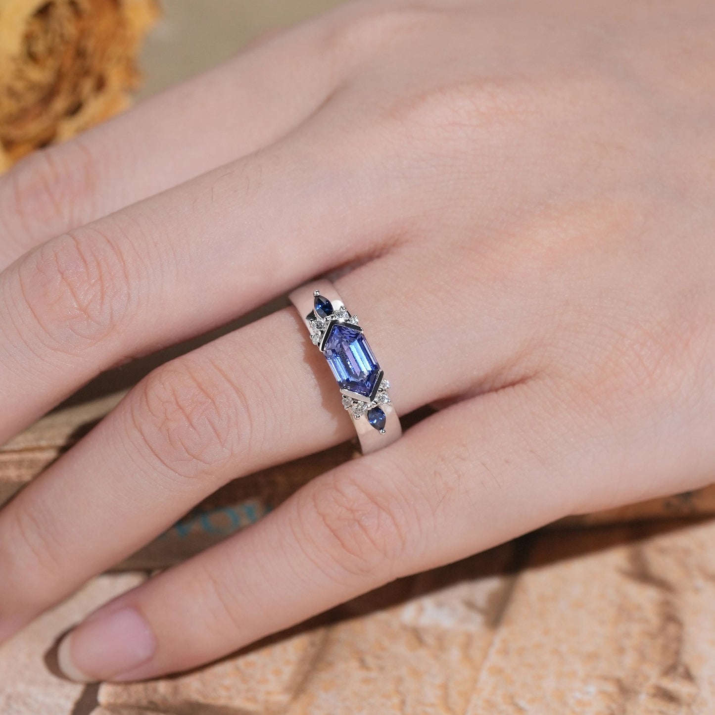 5x9mm Long Hexagon Cocktail Sapphire Cluster Men's Band - Noah - GemsMagic