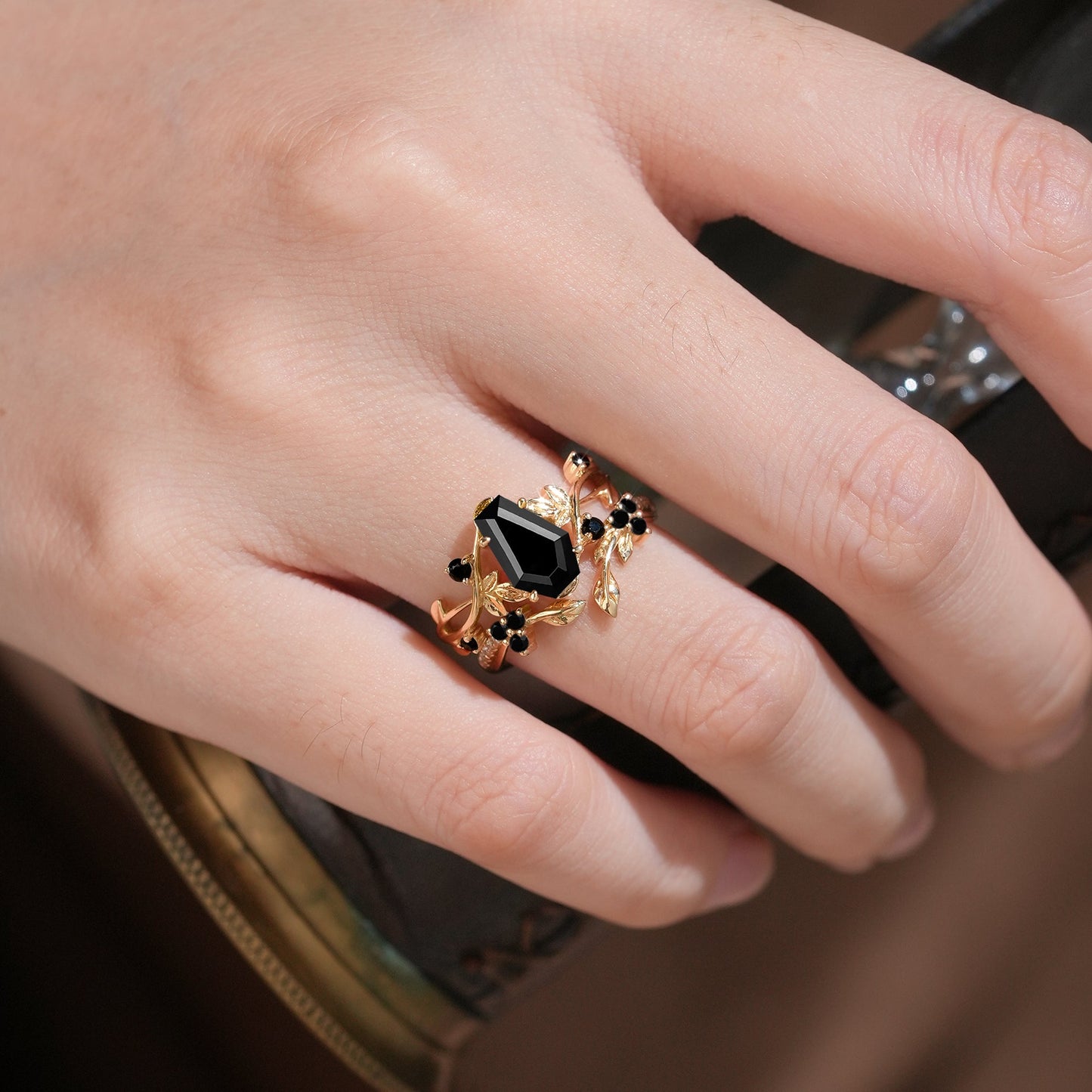 6x9mm Coffin Shaped Black Onyx Leaf Ring Set - Grace - GemsMagic
