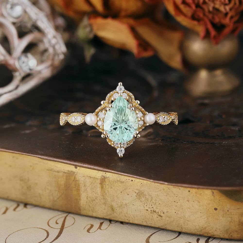Sparkle Cut Pear Green Sapphire Milgrain Vintage Engagement Ring - Eulalie