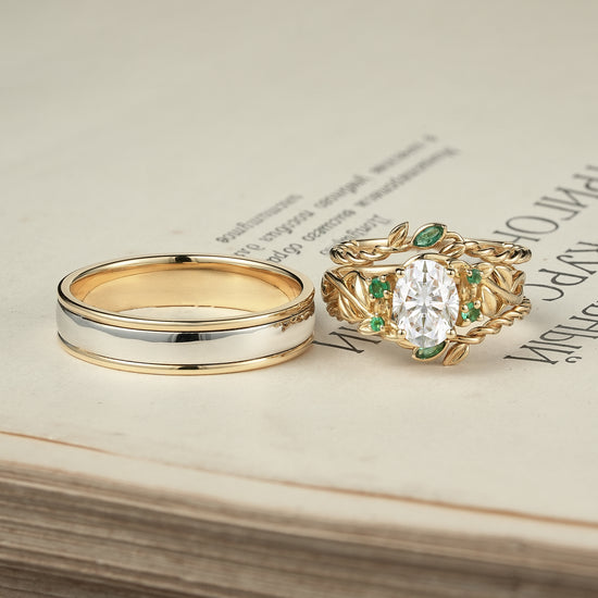 Moissanite and Emerald Couple’s Wedding Ring Set - Evergreen Promise