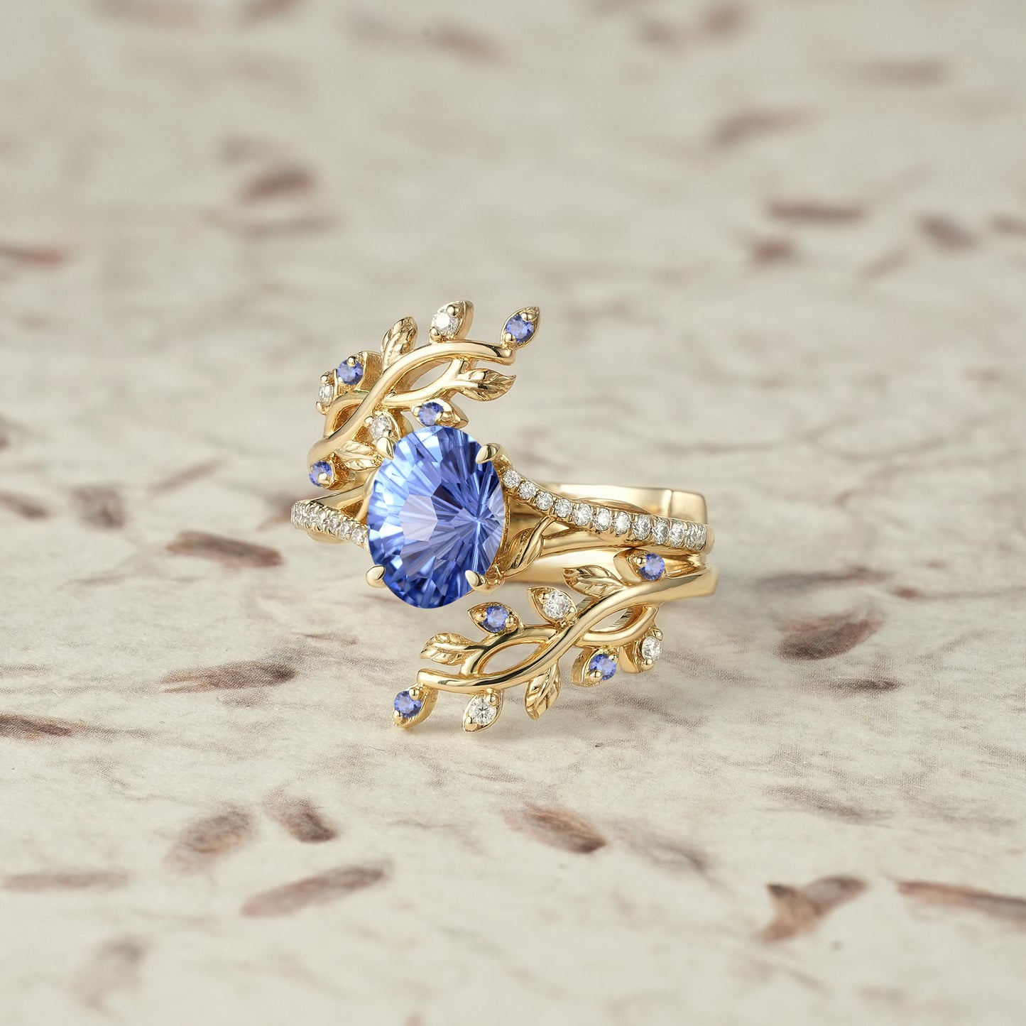 Cross Vine Moissanite and Starbrite Cut Cornflower Sapphire Ring Set - Lillian