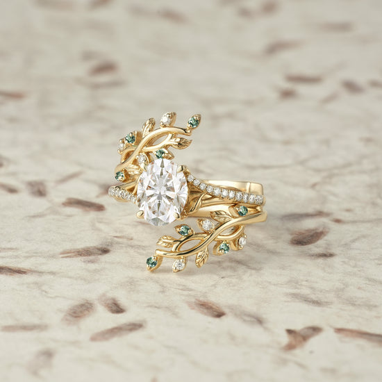 Cross Vine Moissanite and Green Sapphire Ring Set - Lillian