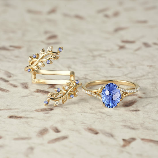 Cross Vine Moissanite and Starbrite Cut Cornflower Sapphire Ring Set - Lillian