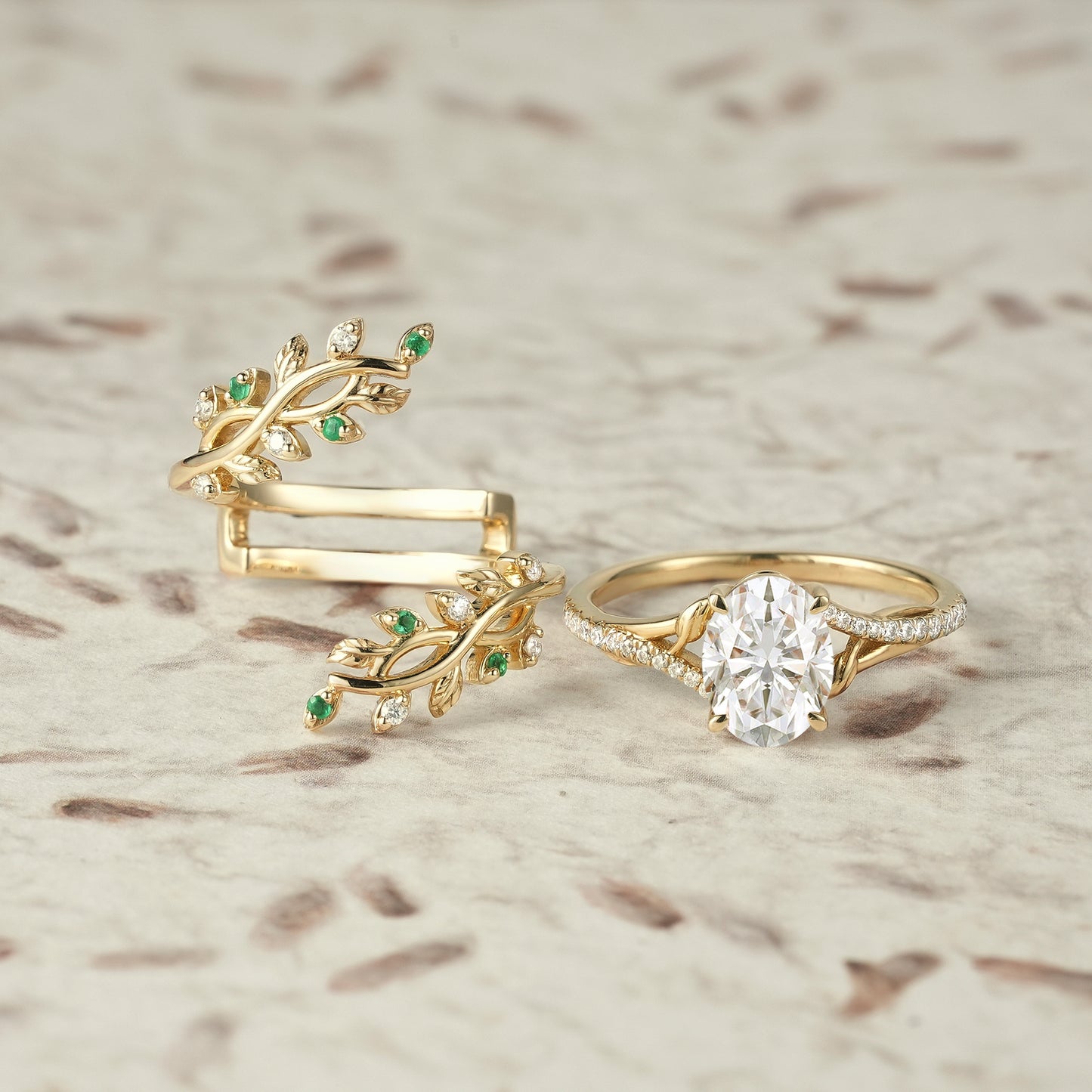 Cross Vine Moissanite and Emerald Ring Set - Lillian