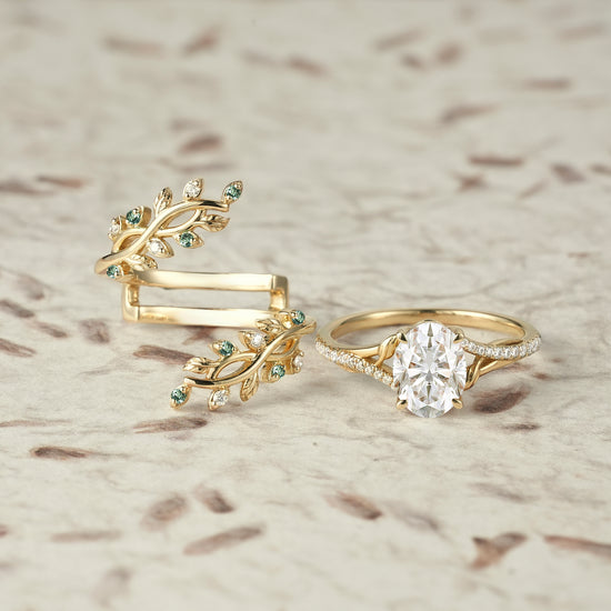 Cross Vine Moissanite and Green Sapphire Ring Set - Lillian