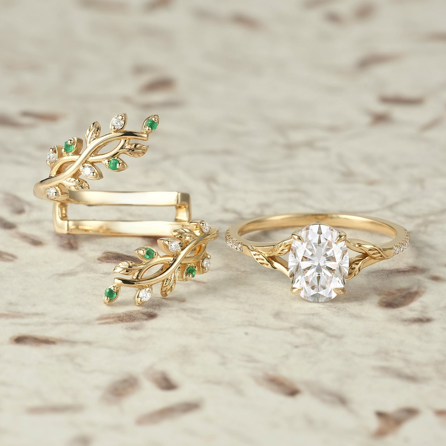 Cross Vine Moissanite and Emerald Ring Set - Valentina