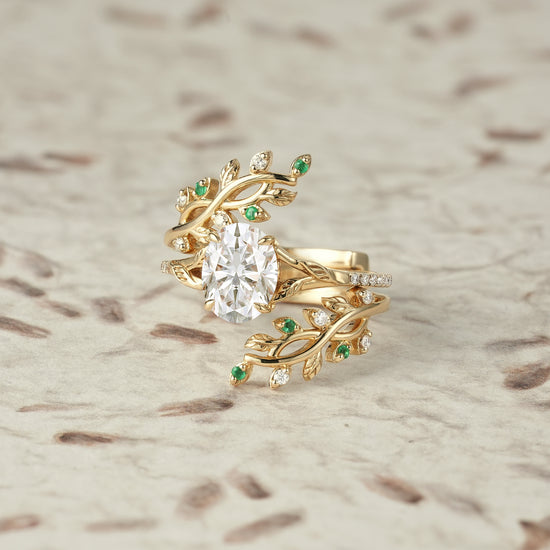 Cross Vine Moissanite and Emerald Ring Set - Valentina