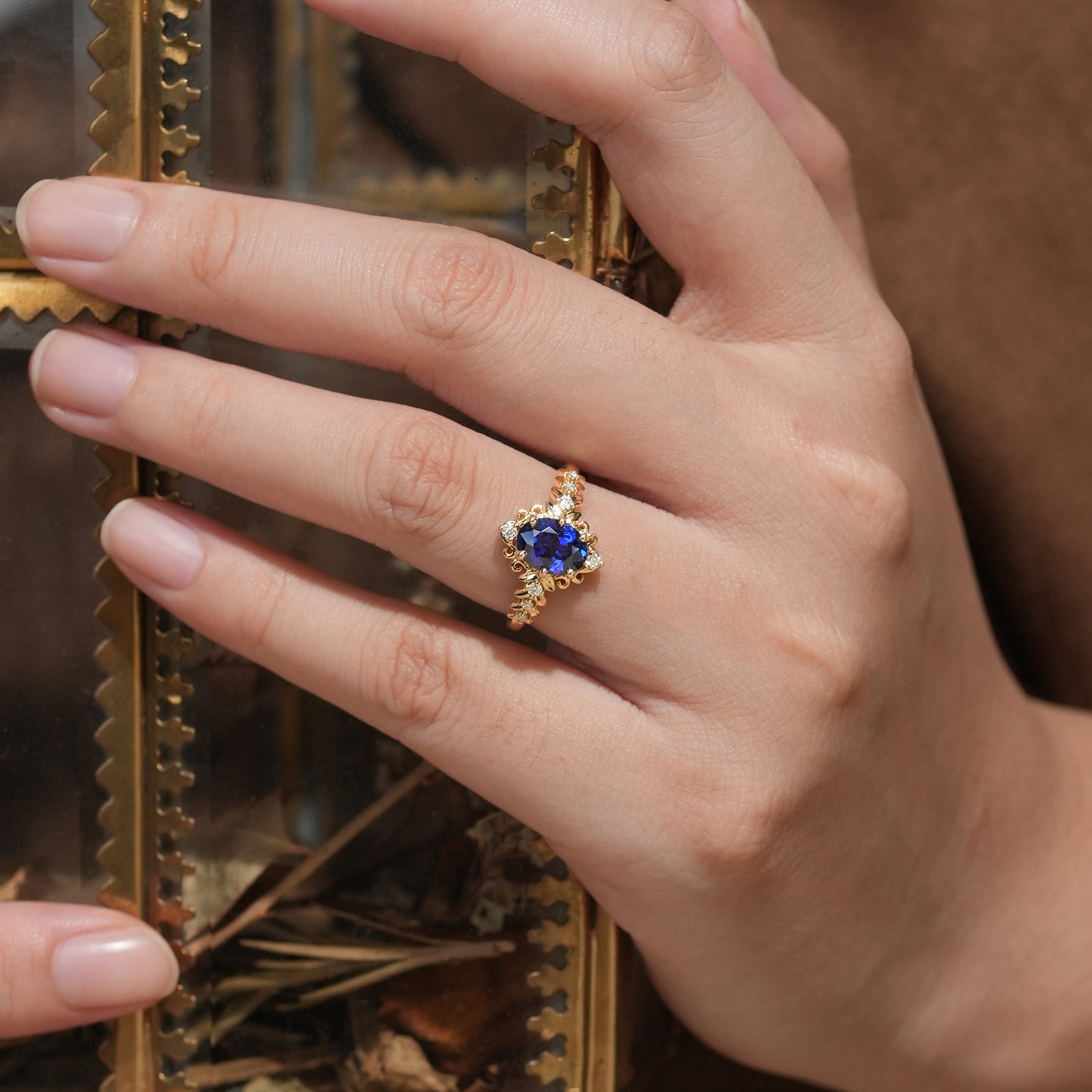 Elegant Royal Blue Sapphire Filigree Leaf Engagement Ring - Odette