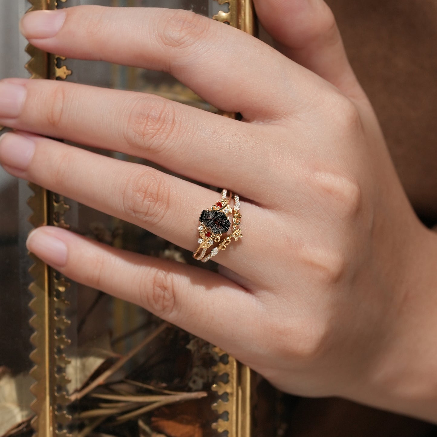 Leaf-Inspired Black Rutilated Quartz Bridal Set-Lio