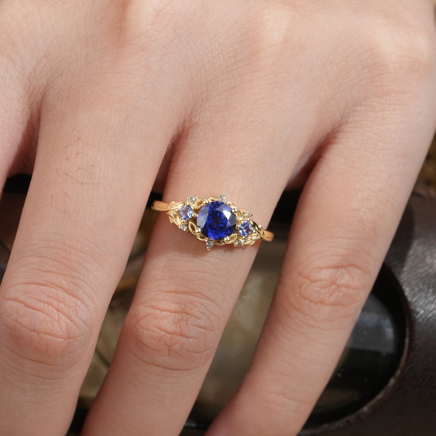 Three Stone Royal Blue Sapphire Engagement Ring - Estelle