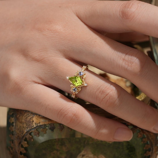 Three-Stone Peridot and Tanzanite Leaf Ring - Zoe