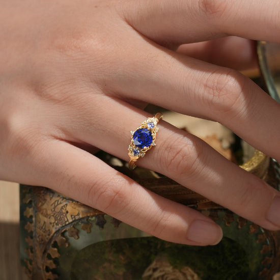 Three Stone Royal Blue Sapphire Engagement Ring - Estelle