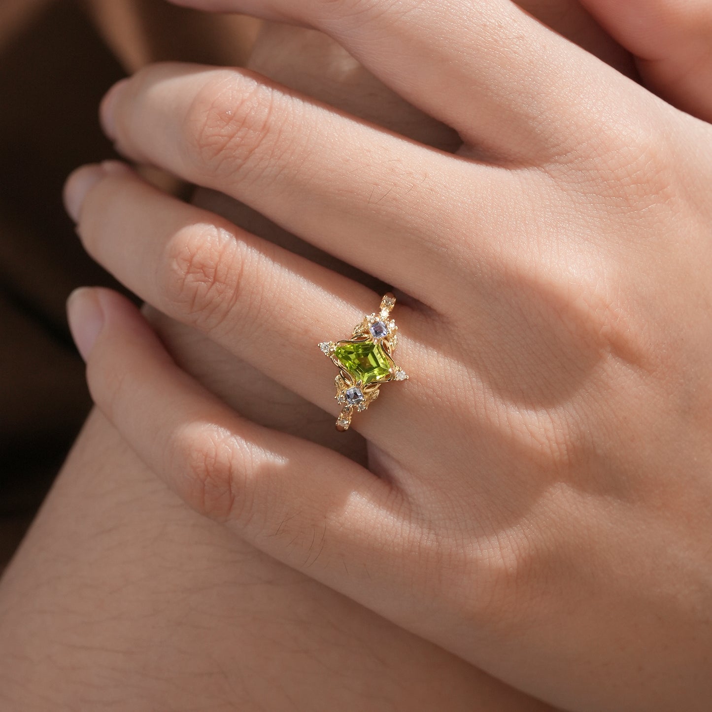 Three-Stone Peridot and Tanzanite Leaf Ring - Zoe