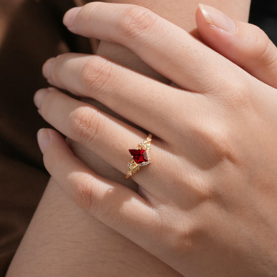 Eternal Flame: Ruby and Moonstone Leaf Ring - Brielle