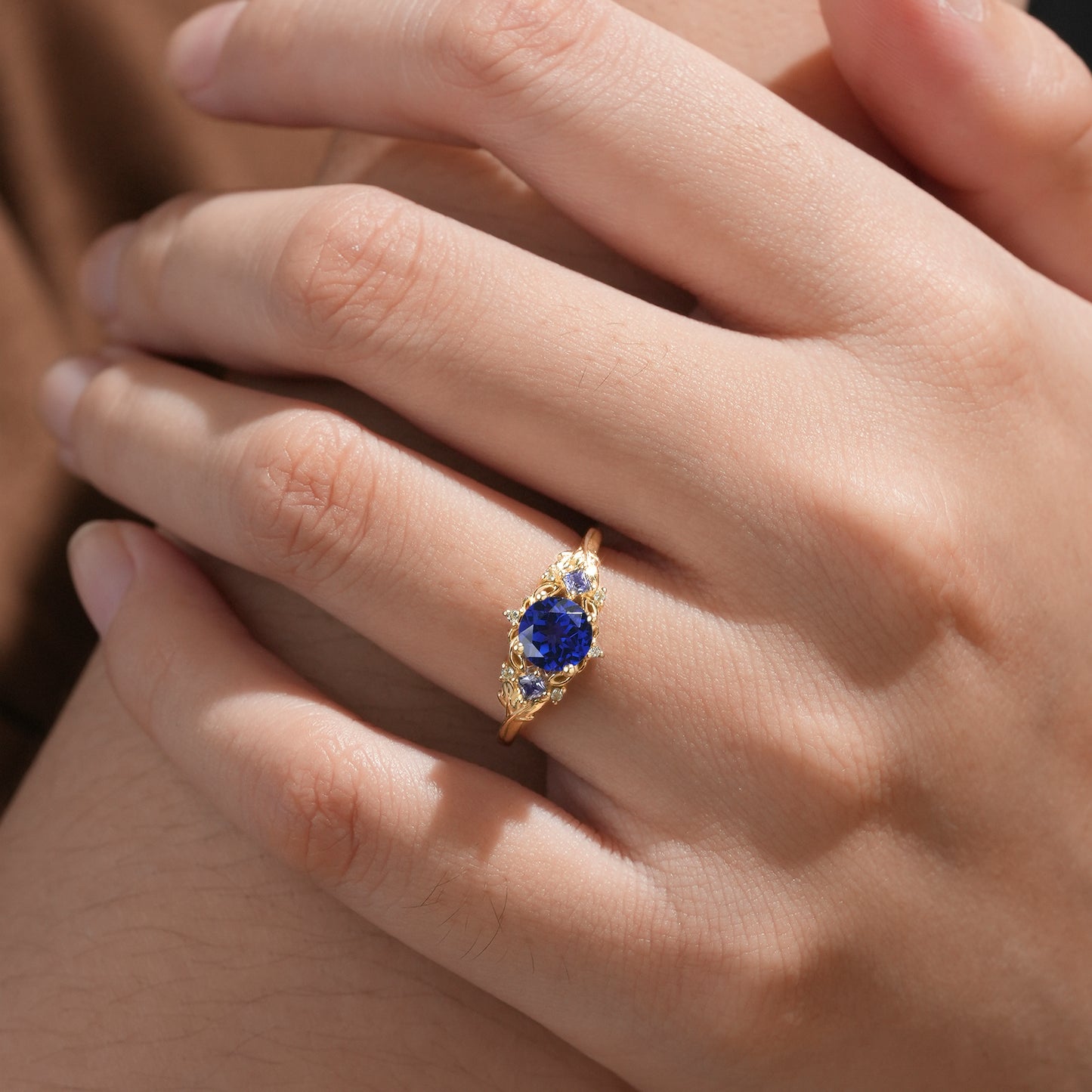 Three Stone Royal Blue Sapphire Engagement Ring - Estelle