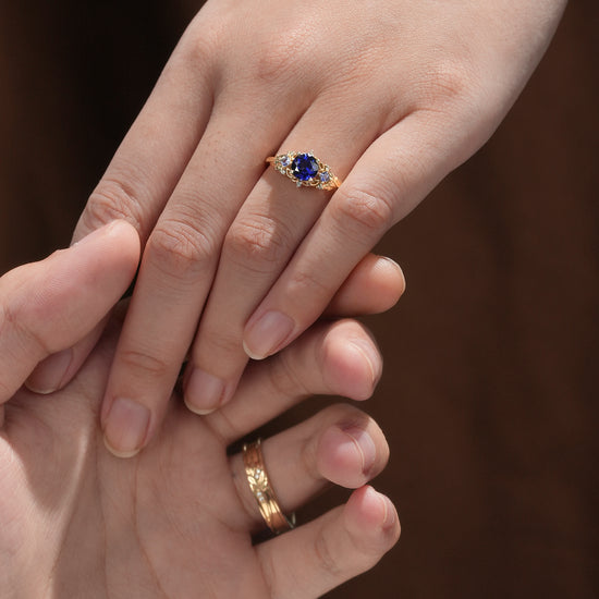 Three-Stone Royal Blue Sapphire Leaf Couple Rings - Infinite Unity