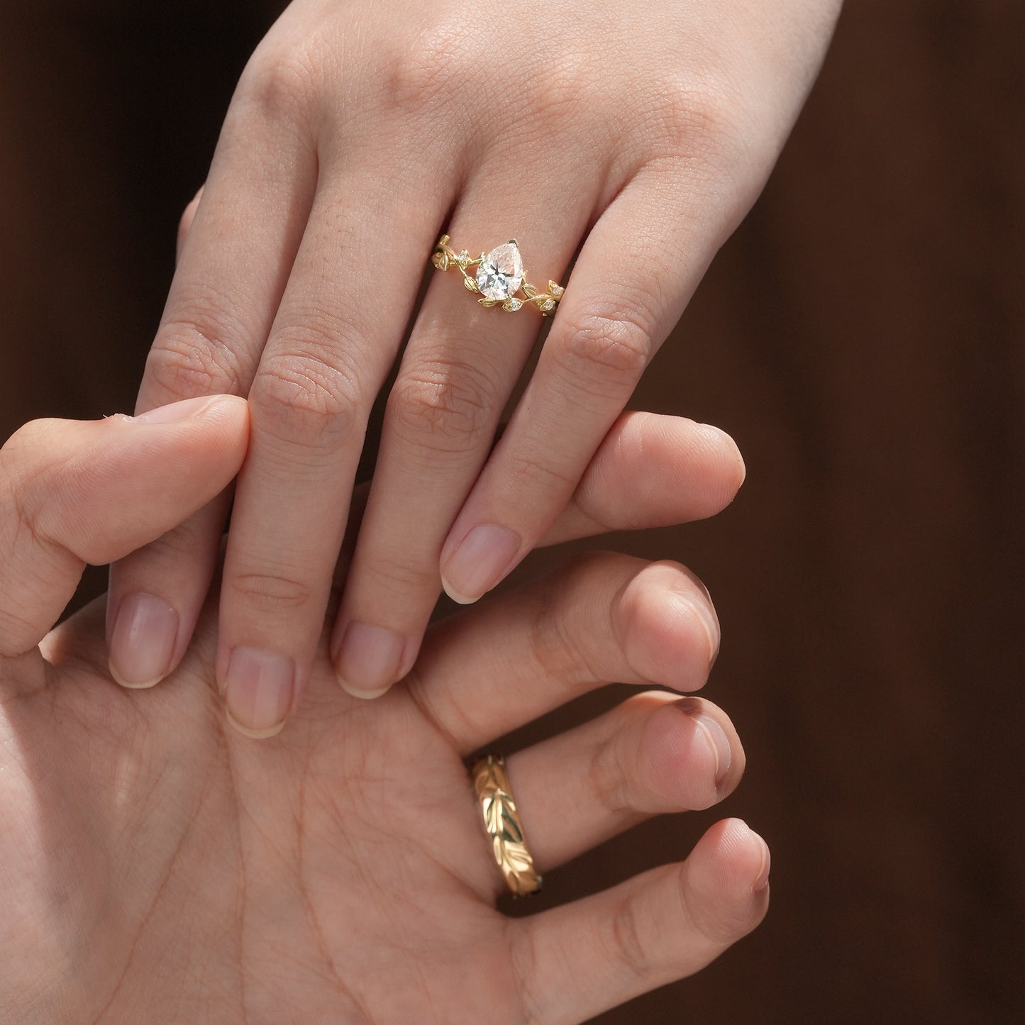 Pear-Cut Vine and Leaf Gold Couple’s Ring Set - Bound by Love