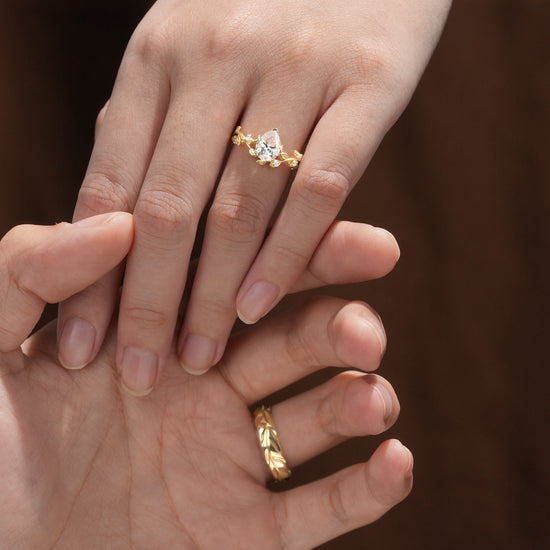 Pear-Cut Vine and Leaf Gold Couple’s Ring Set - Bound by Love