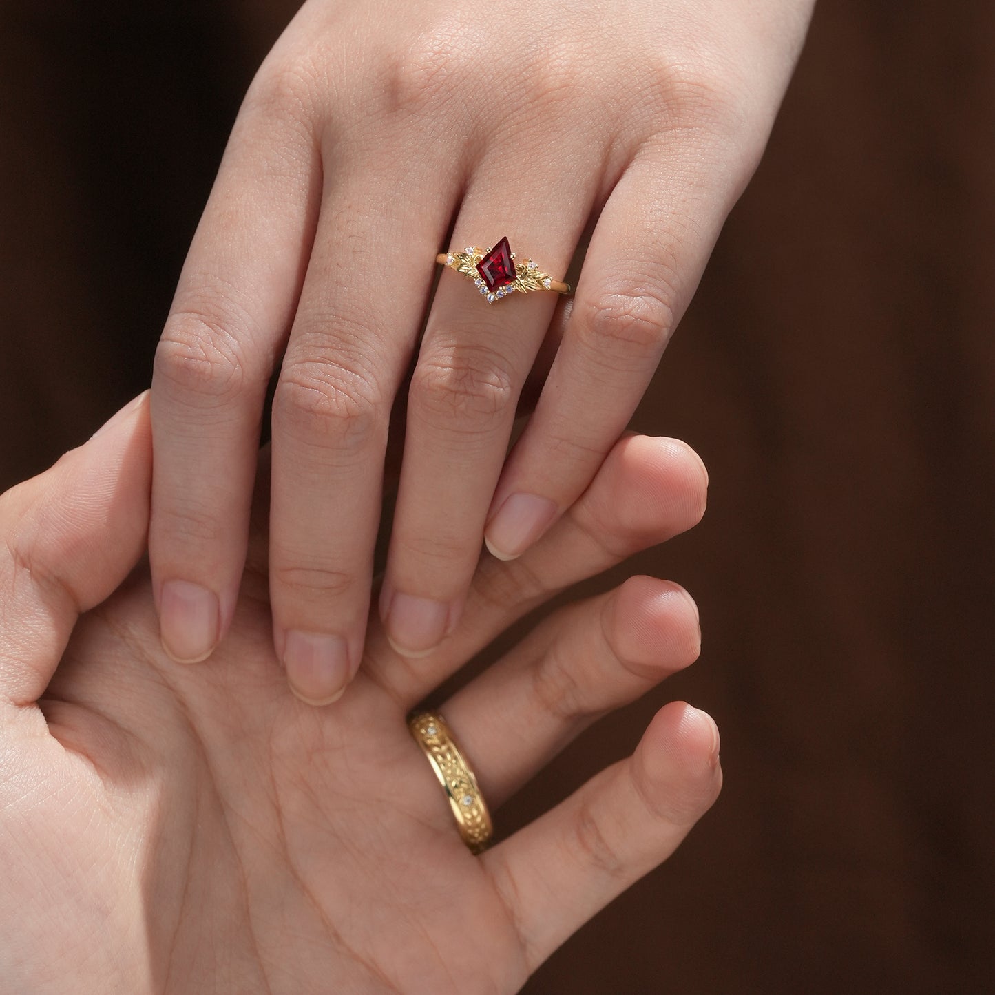 Ruby and Moissanite Leaf Couple Rings - Eternal Bond