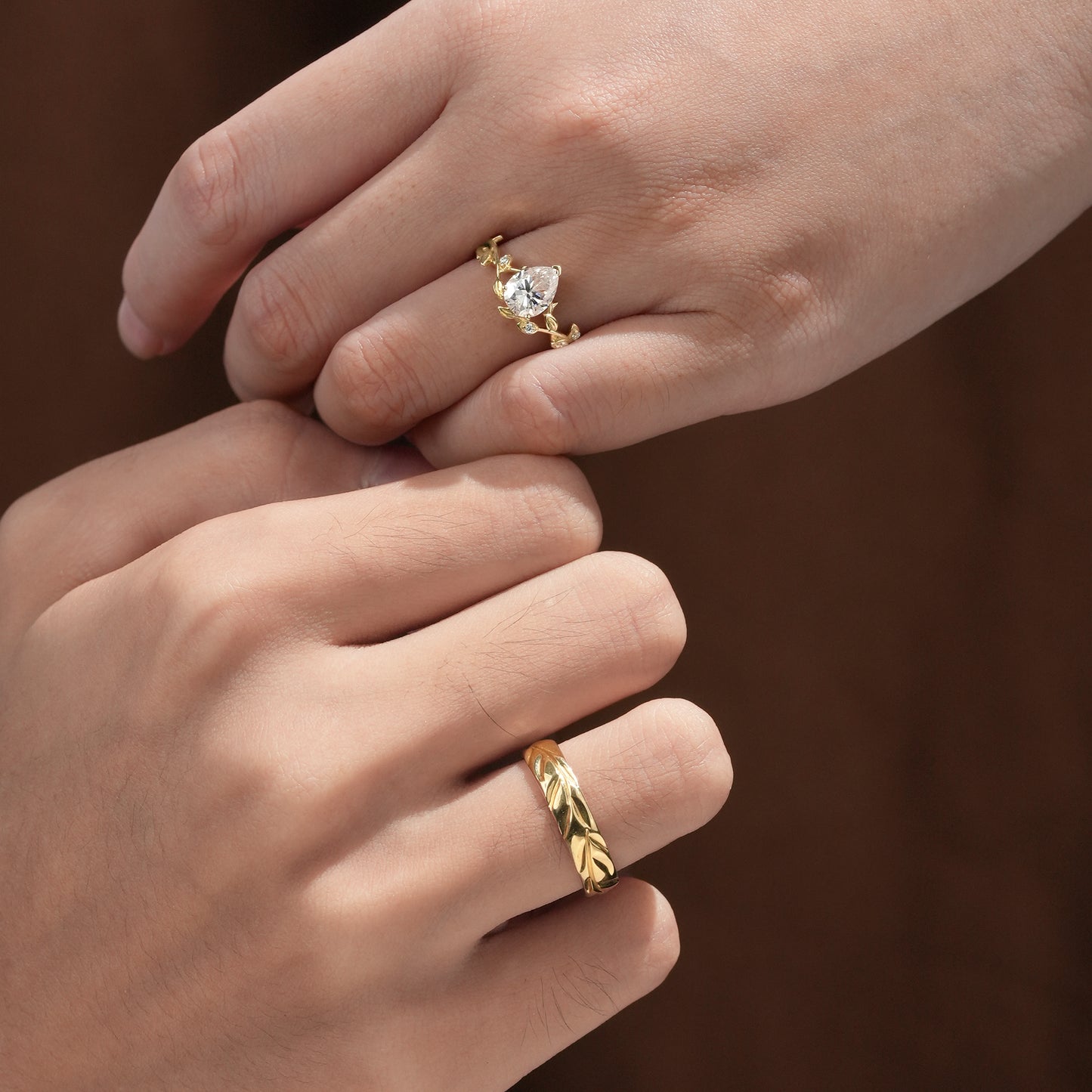 Pear-Cut Vine and Leaf Gold Couple’s Ring Set - Bound by Love