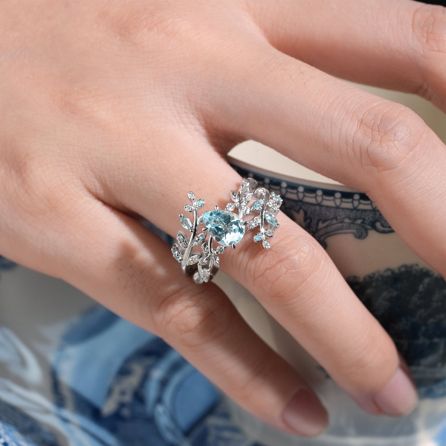 GemsMagic Blue Topaz Cross Leaf Ehancer Ring Set - Leah