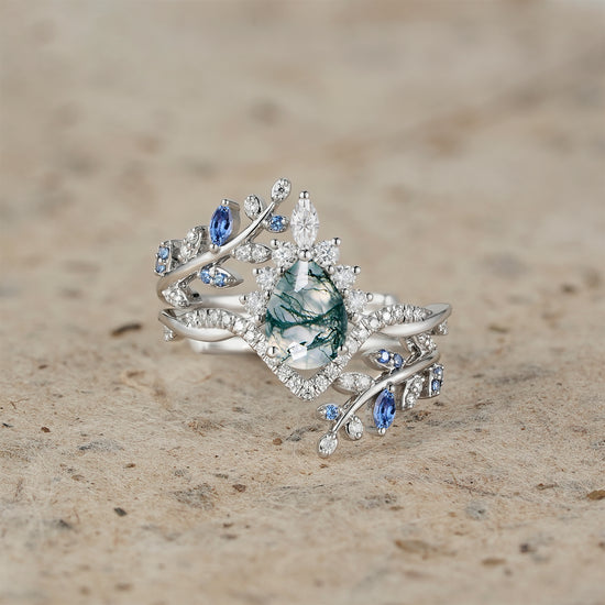 Moss Agate and Sapphire Crown Leaf Ring Set - Esme